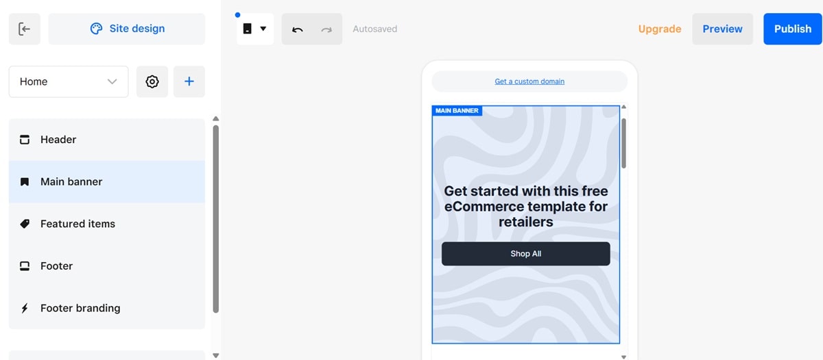 Square Online ecommerce platform dashboard showing free store builder interface with drag-and-drop functionality, product management, and integrated POS system features